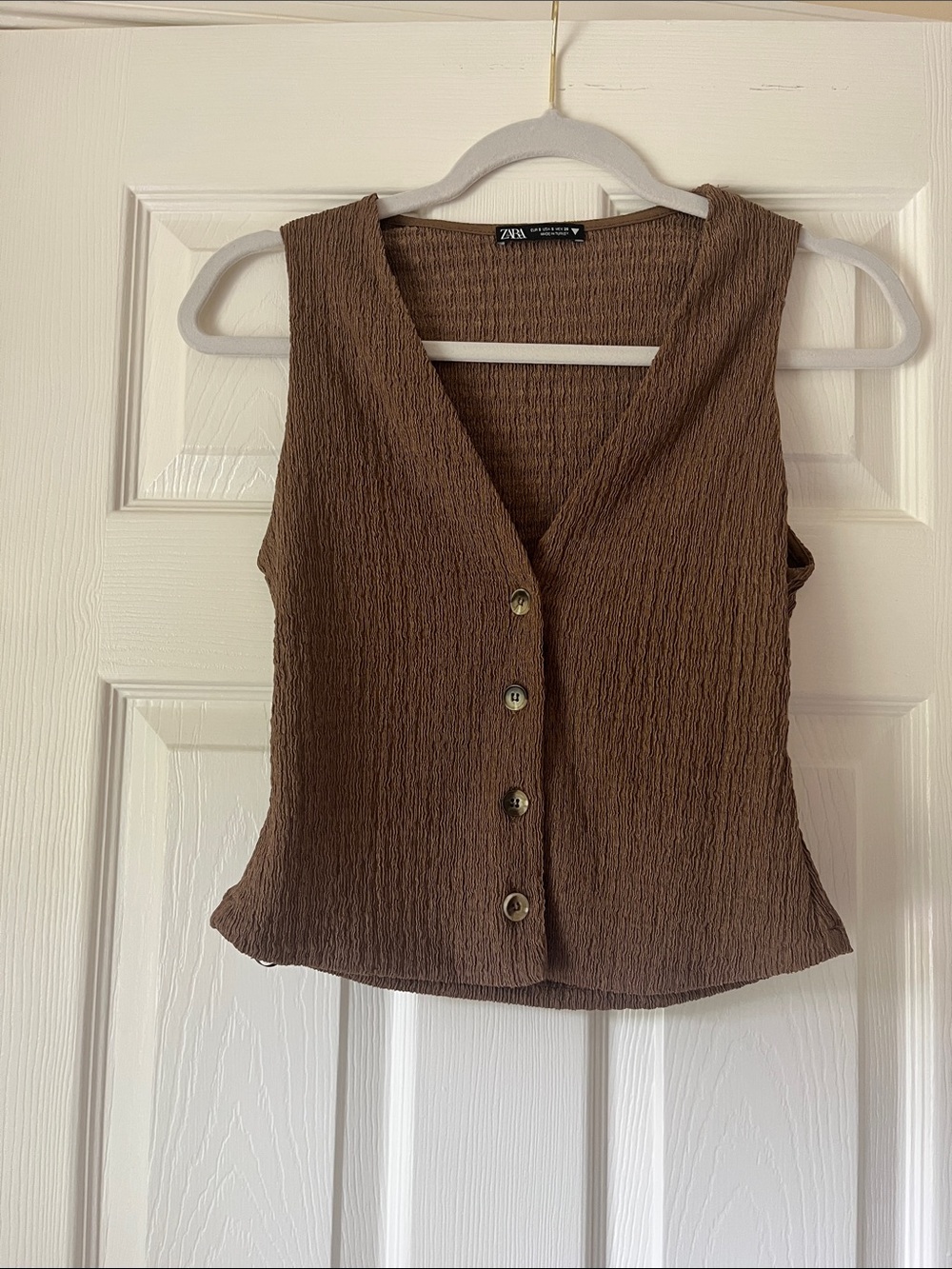Zara Brown Textured Sleeveless Button-Front Top